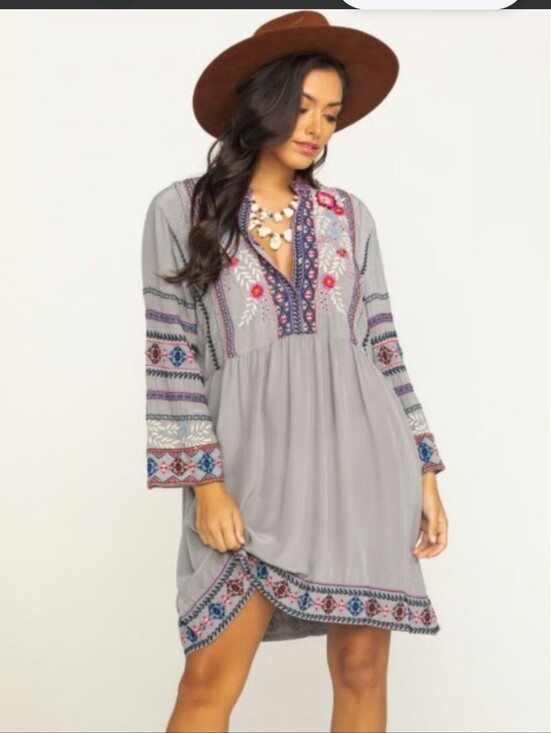 Johnny Was Dresses & Skirts - JOHNNY WAS Ellie Silk Dress Embroidered Spell Boho Chic Festivalcore Grey